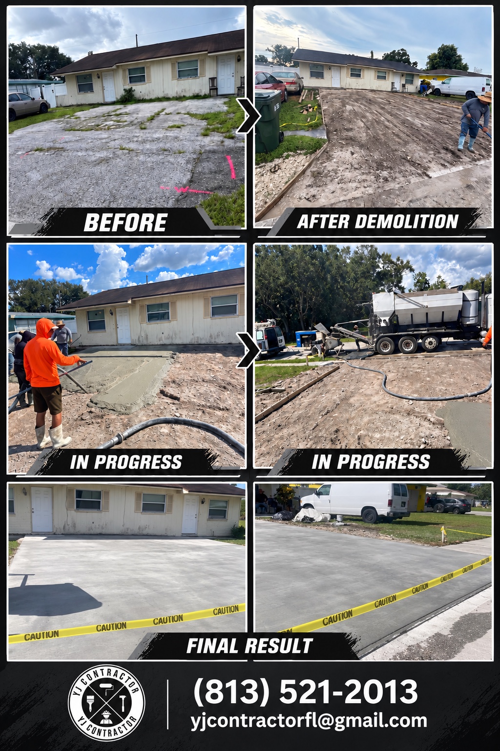 Concrete driveway project from demolition to finished result
