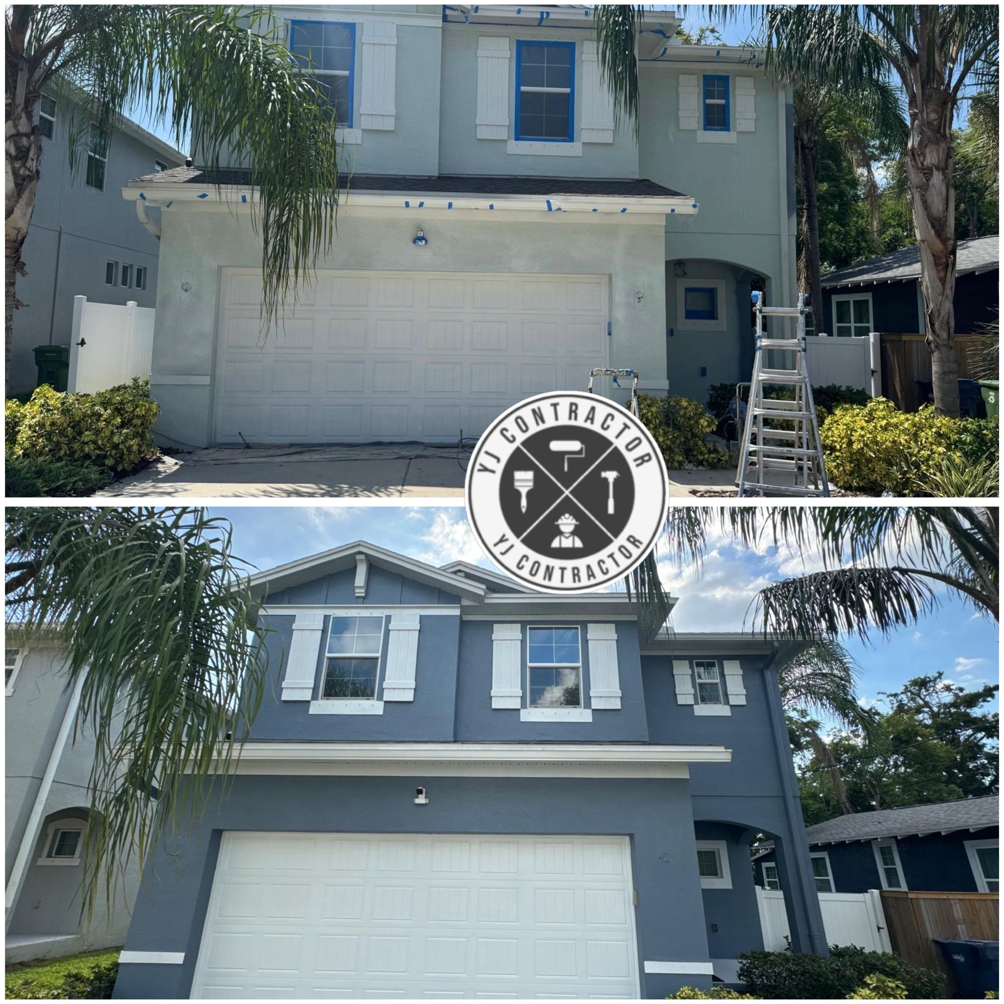 Before and after exterior painting of a house in a deeper blue-gray color