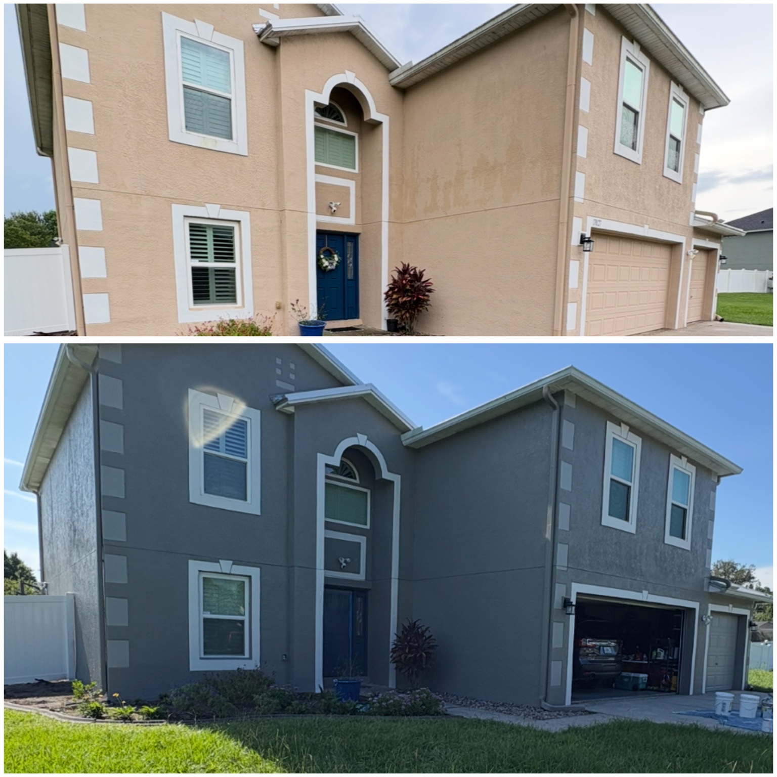Before and after exterior painting of a house from tan to gray