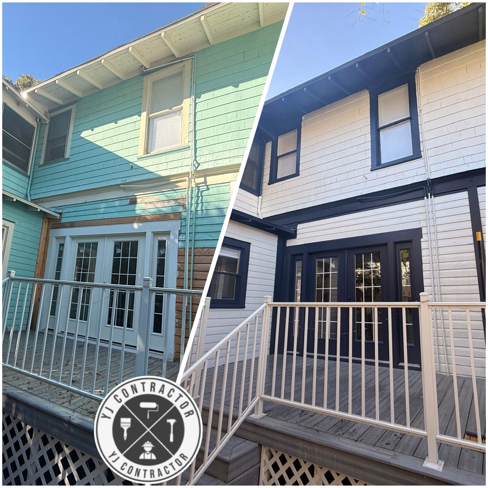 Before and after of exterior painting, changing a house from teal to white with dark trim