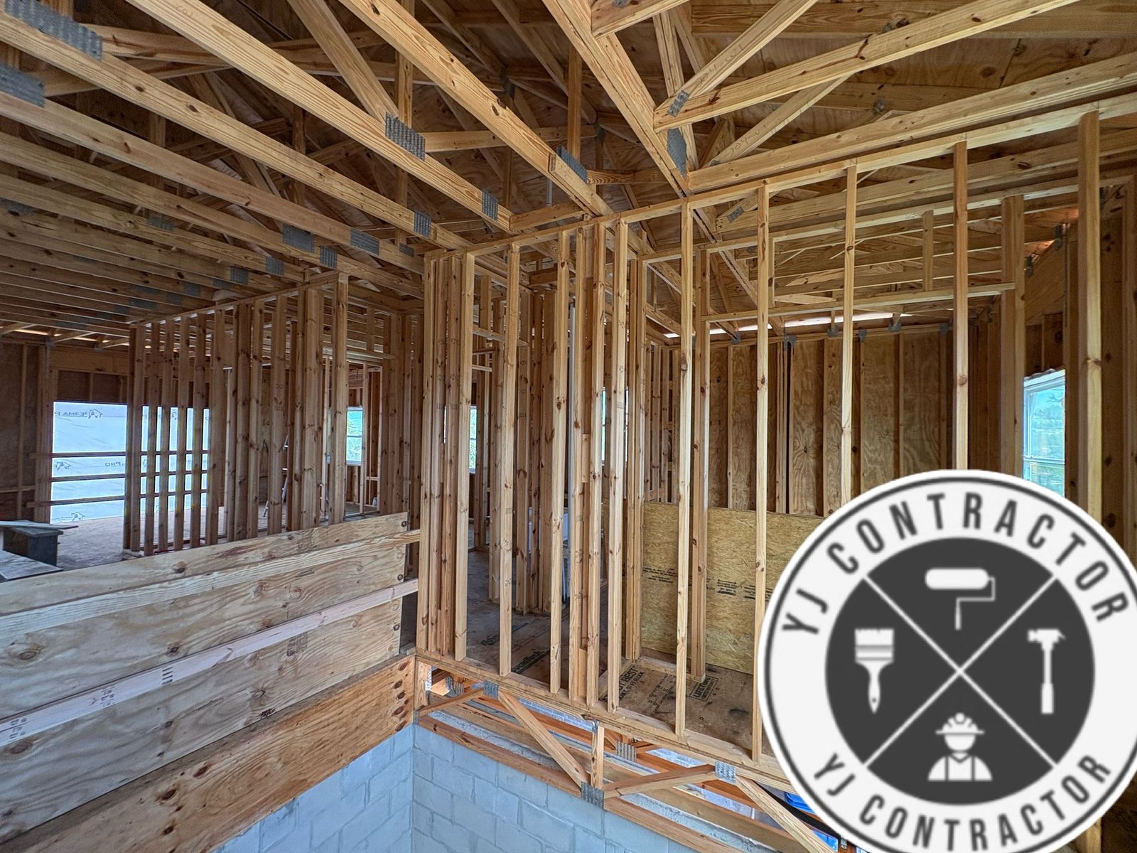 Interior wood framing in a residential construction project