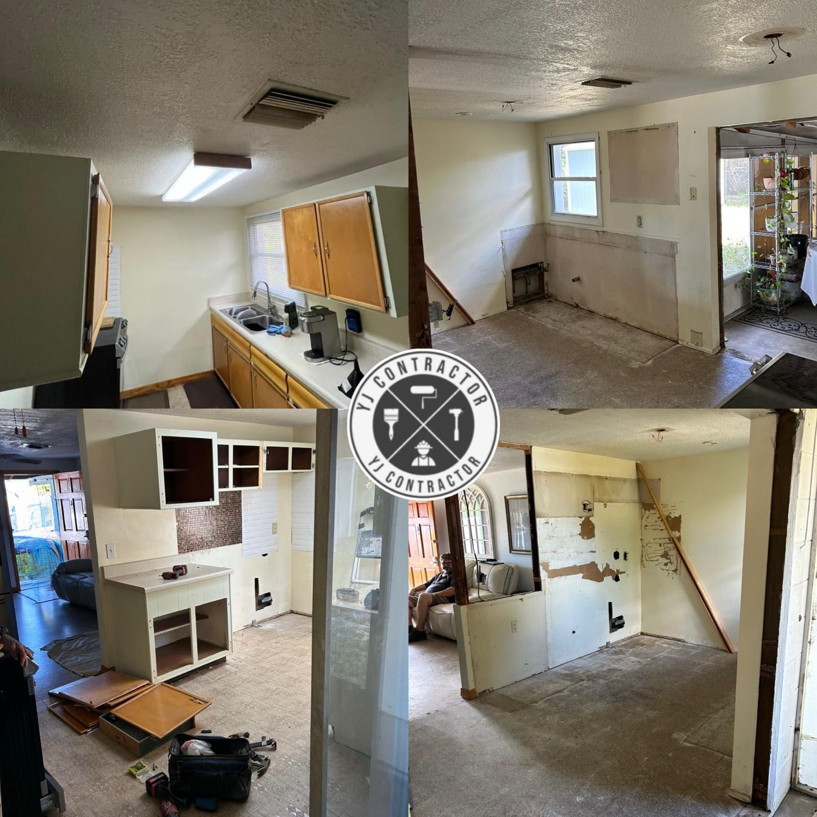 Four views of a kitchen during cabinet and flooring removal