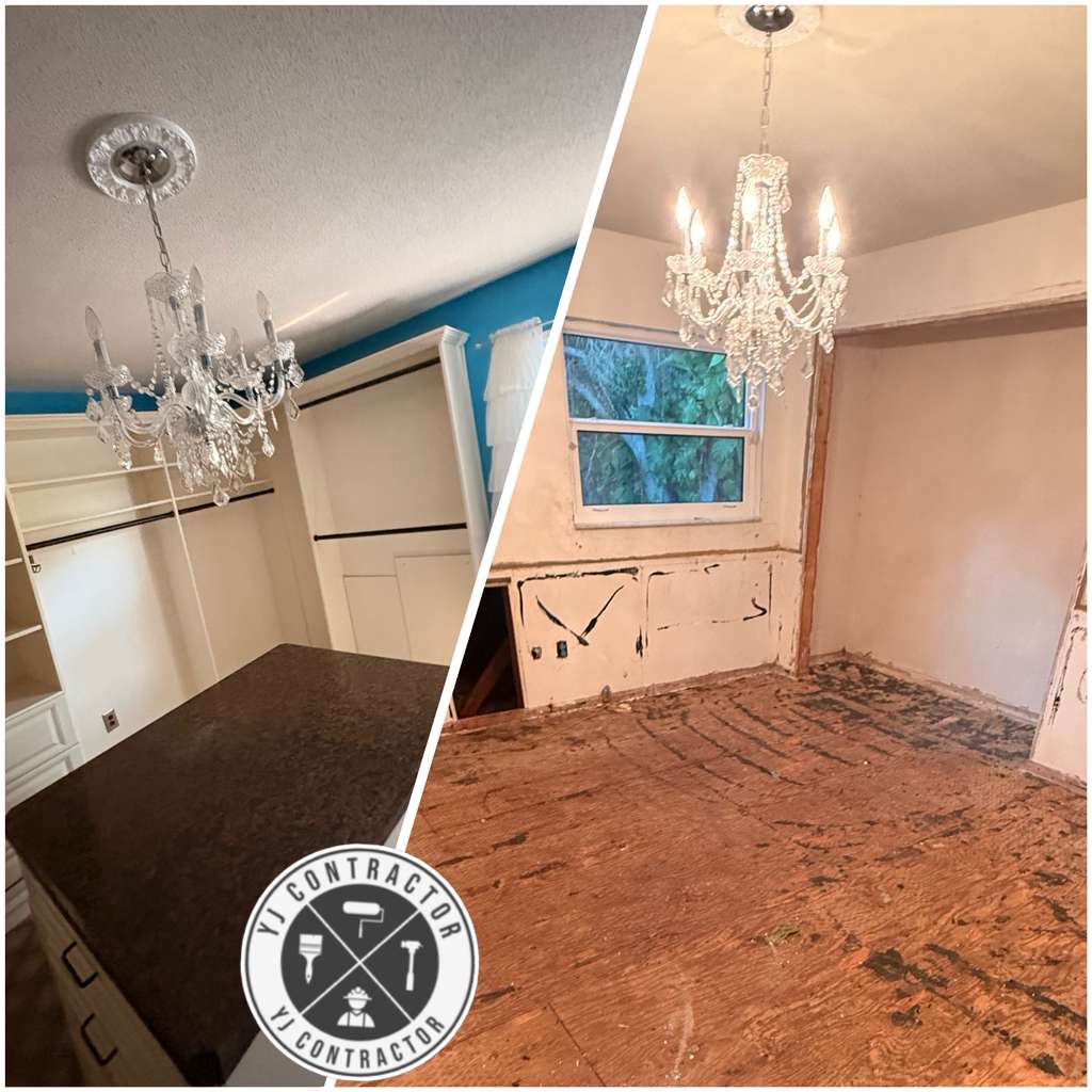 Before and demolition-stage views of a room with old flooring removed