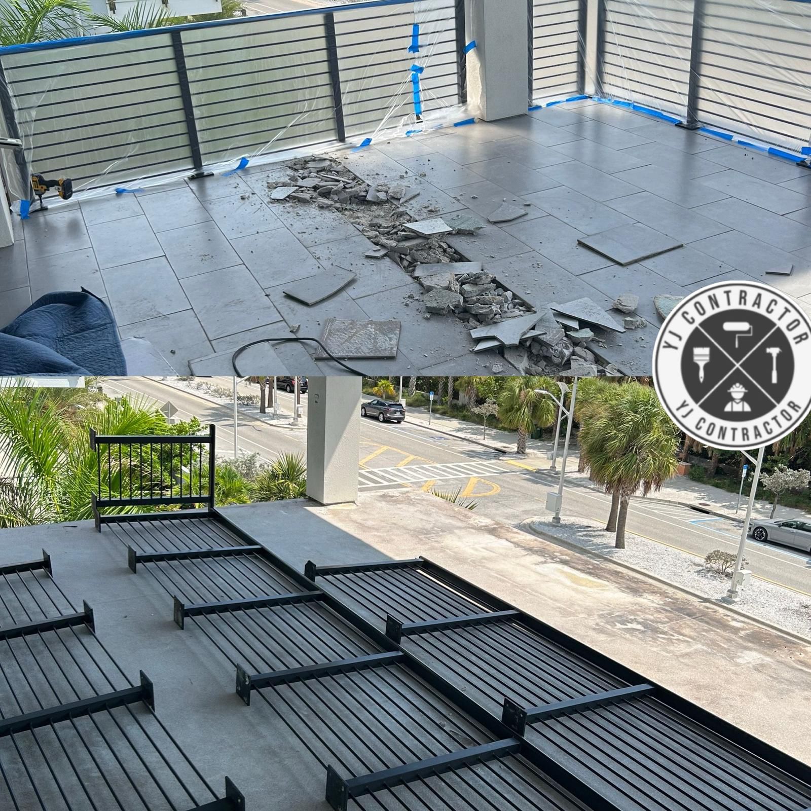 Outdoor floor tile being removed during surface preparation